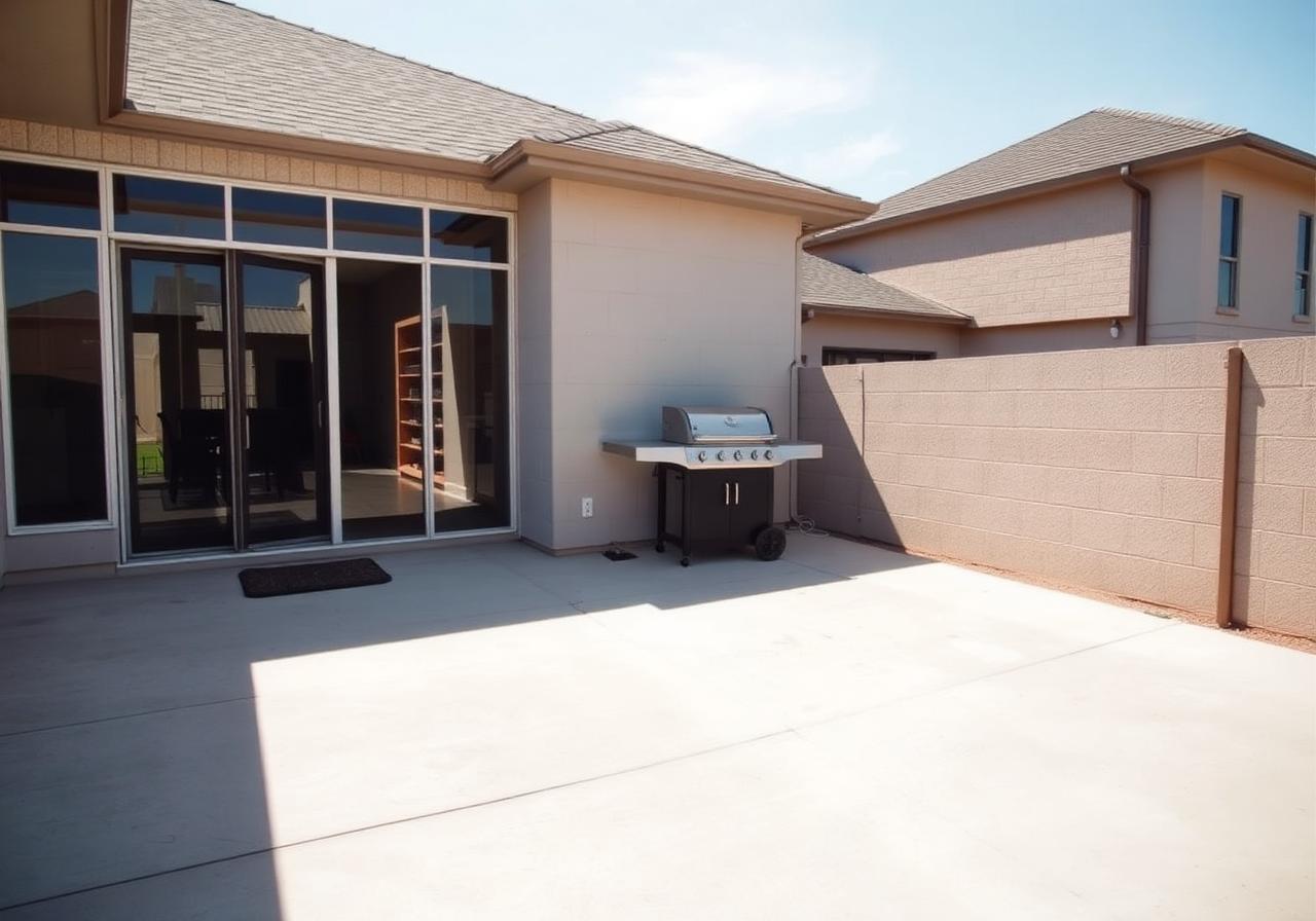 Empty new-construction back patio in Newman Village, Frisco TX before construction — bare concrete slab with a freestanding propane grill and no shade structure