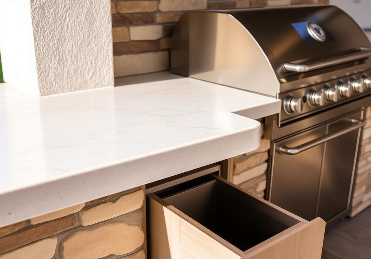 Close-up of honed porcelain countertop with mitered edge meeting Lueders limestone veneer next to a stainless built-in gas grill and pull-out trash drawer