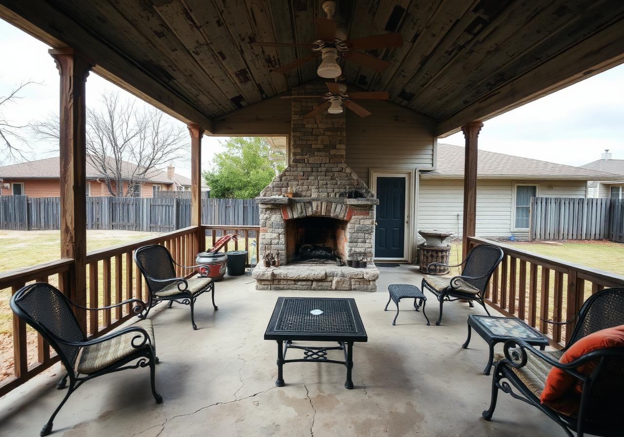 Tired 1990s covered porch in Tanglewood, Fort Worth TX before renovation — rotted wood beams, cracked concrete slab, and a non-drafting stone fireplace