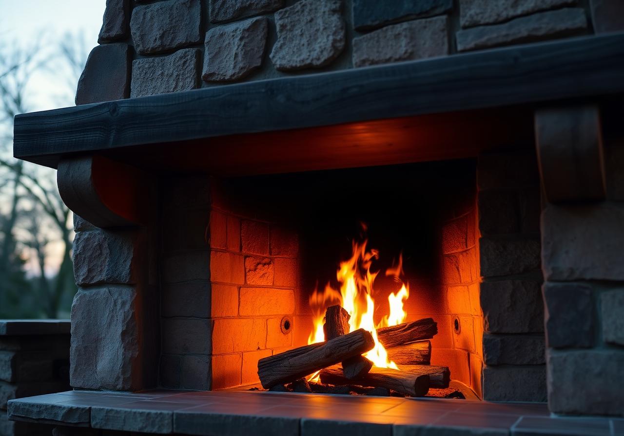 Close-up of restored Texas limestone outdoor fireplace with a wood fire burning in the firebox and warm glow on cypress beams above