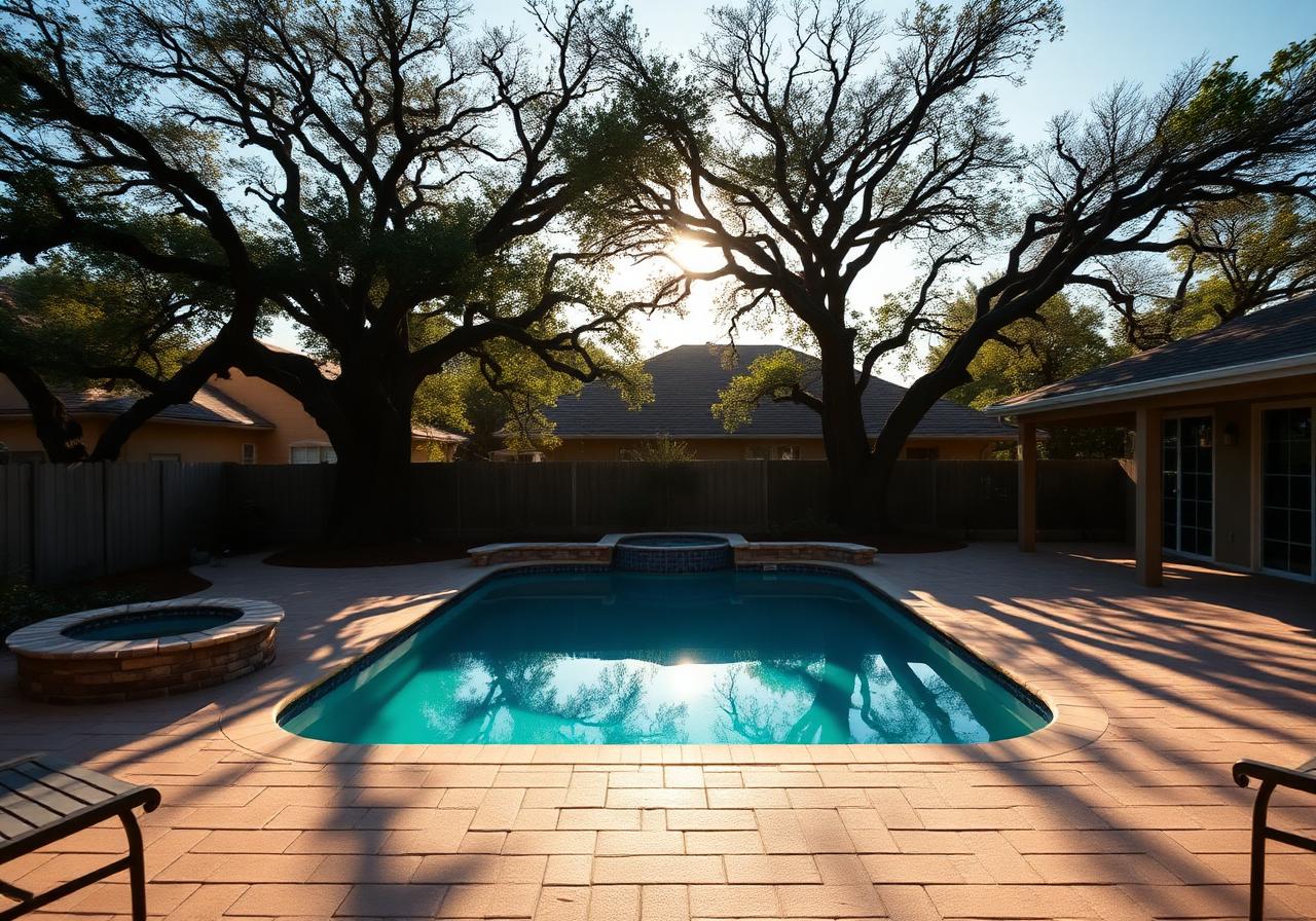 Underused acre-plus backyard in Windsong Ranch, Prosper TX before construction — paver patio with a pool but no fire feature, no seating, and no evening lighting