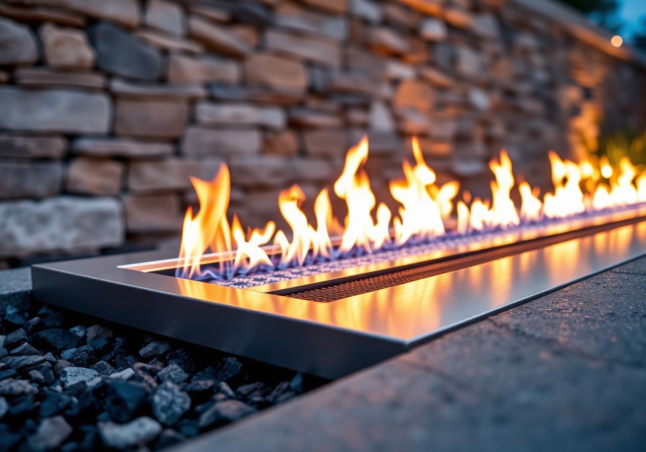 Close-up of stainless steel linear gas burner with bright dancing flames over crushed lava rock in front of a drystack chopped limestone wall
